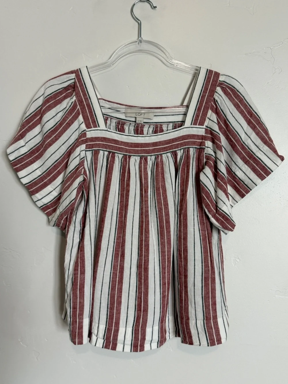 LOFT Red and White Striped Square-Neck Puff Sleeve Blouse